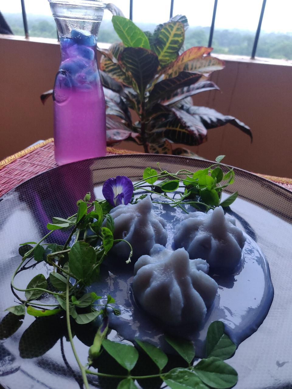 Thai inspired Bluepea flower sticky jasmine rice Modak with coconut cream sauce